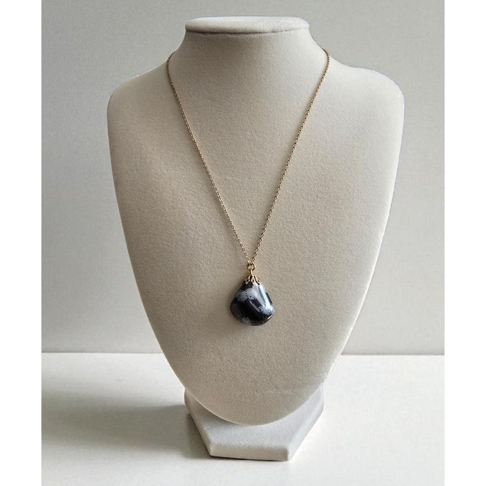 Snowflake Obsidian Pendant Gold Chain Boho Healing Crystal Gemstone Necklace